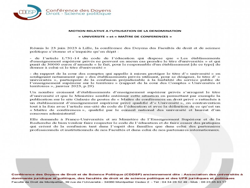 Utilisation de la dénomination "Université" et "Maître de conférences"