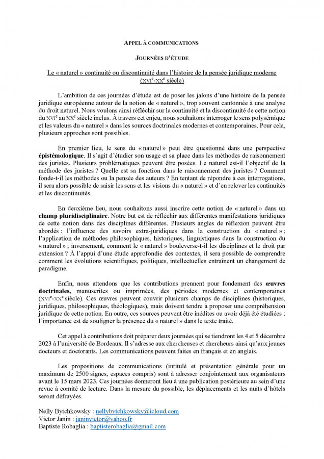 Le « naturel ». Continuité ou discontinuité dans l’histoire de la pensée juridique moderne et contemporaine (XVIe-XXe siècle)