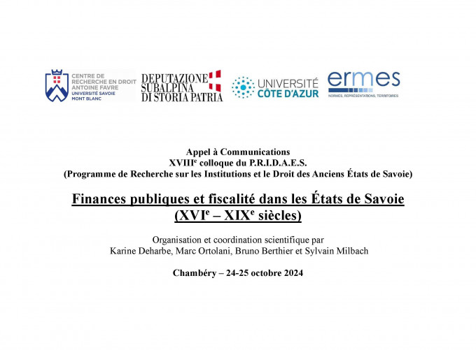 Finances publiques et fiscalité dans les États de Savoie (XVIe – XIXe siècles)